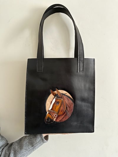 Horse Cameo Black Leather Tote