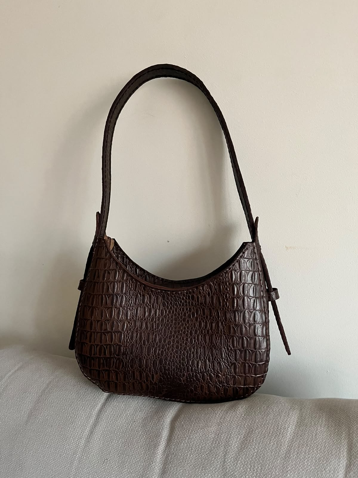 Croc-Embossed Brown Shoulder Bag