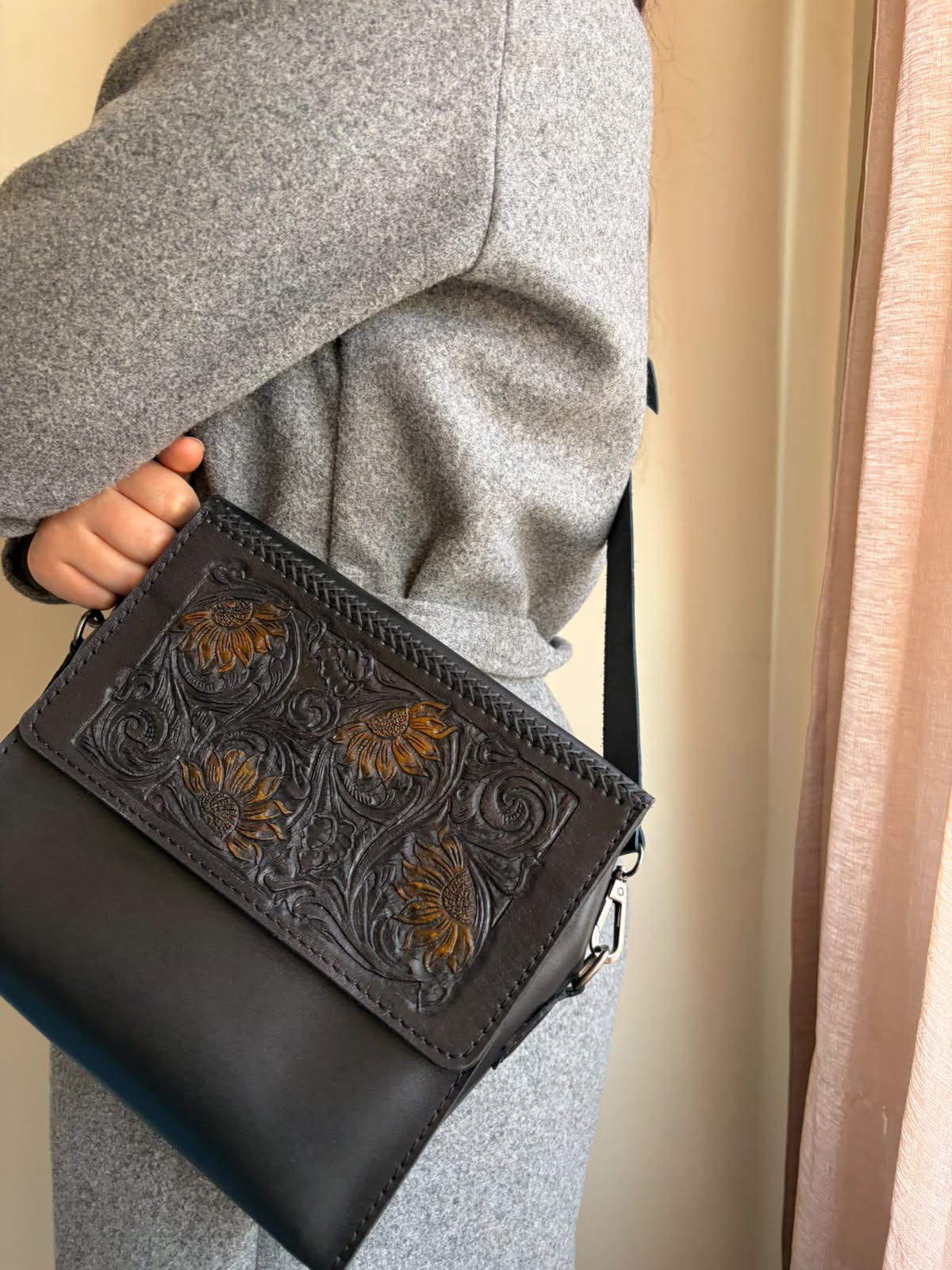 Sunflower Hand-Tooled Black Crossbody